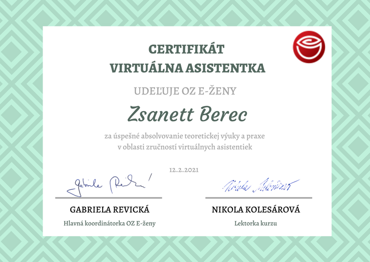 Certifikát Virtuálna asistentka Certifikát Virtuálna asistentka